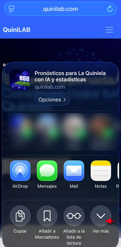 Paso 2: opción Ver más señalada en el menú Compartir de Safari