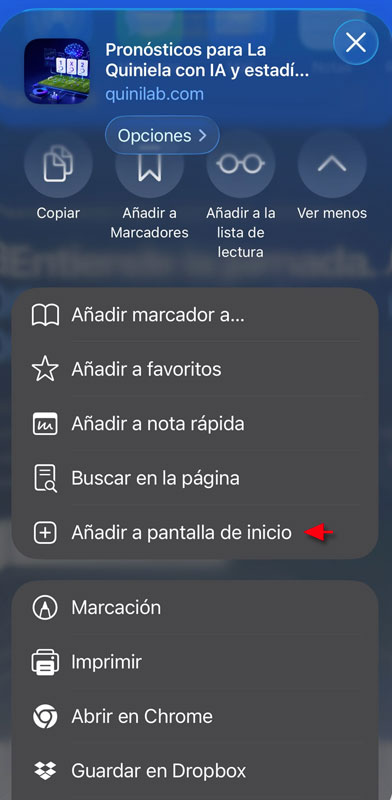 Paso 3: opción Añadir a pantalla de inicio señalada